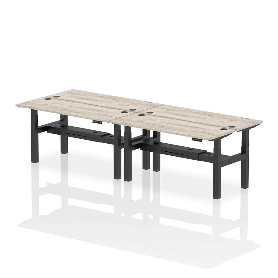 Air Back-to-Back Slimline Height Adjustable Bench Desk - 4 Person with cable ports W1600mm grey oak top with black frame