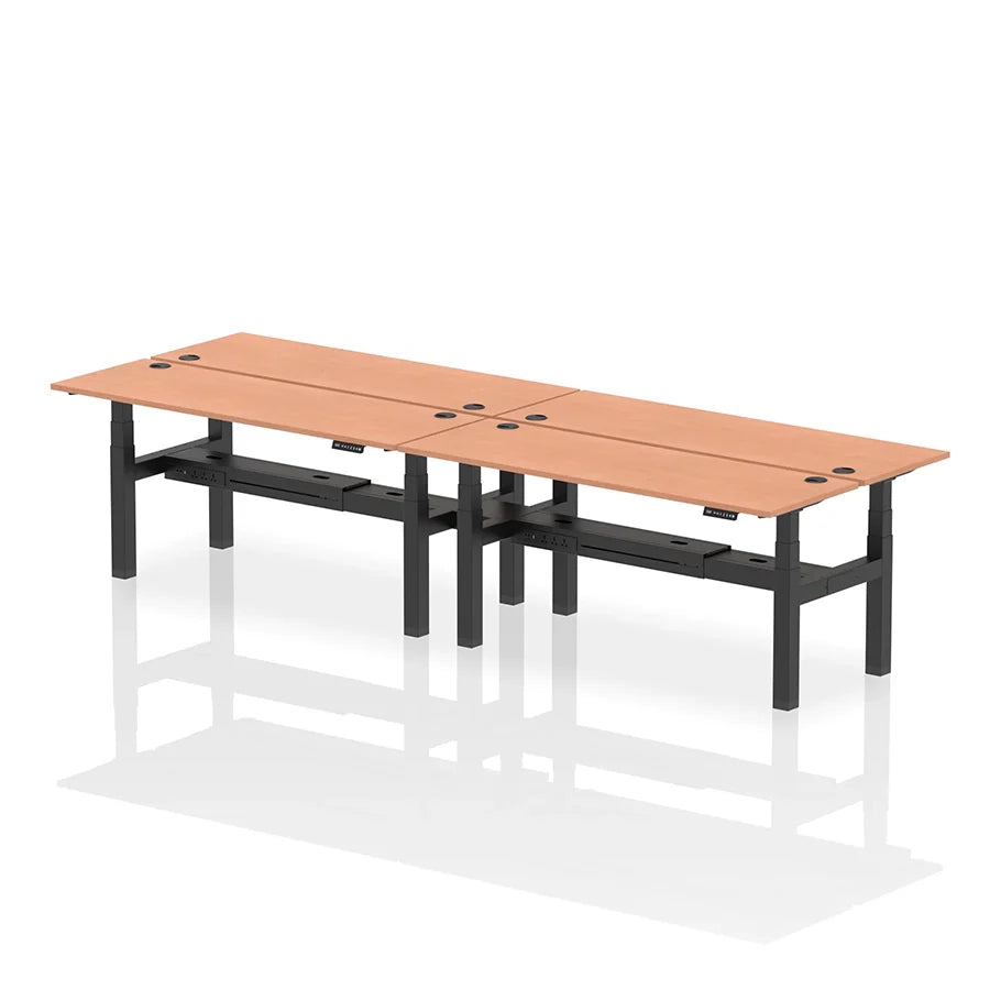 Air Back-to-Back Slimline Height Adjustable Bench Desk - 4 Person with cable ports W1800mm beech top with black frame