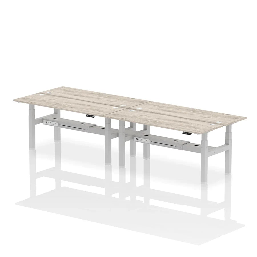 Air Back-to-Back Slimline Height Adjustable Bench Desk - 4 Person with cable ports W1800mm grey oak top with silver frame