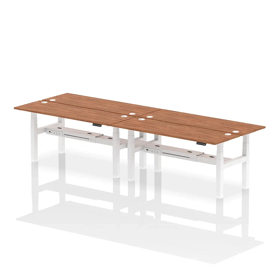 Air Back-to-Back Slimline Height Adjustable Bench Desk - 4 Person with cable ports W1800mm walnut top with white frame