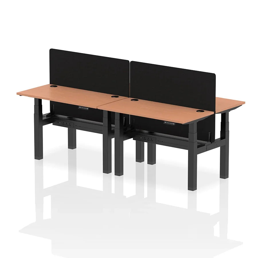 Air Back-to-Back Slimline Height Adjustable Bench Desk - 4 Person with cable ports and black straight screen W1200mm beech top with black frame