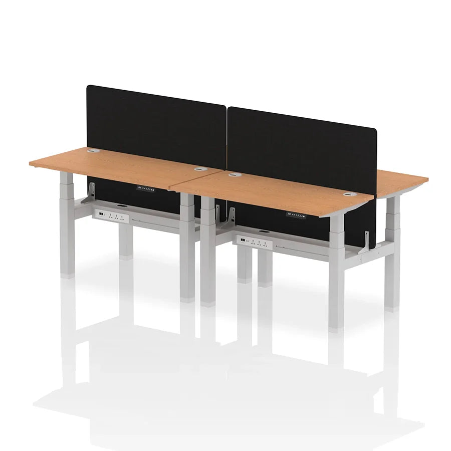 Air Back-to-Back Slimline Height Adjustable Bench Desk - 4 Person with cable ports and black straight screen W1200mm oak top with silver frame