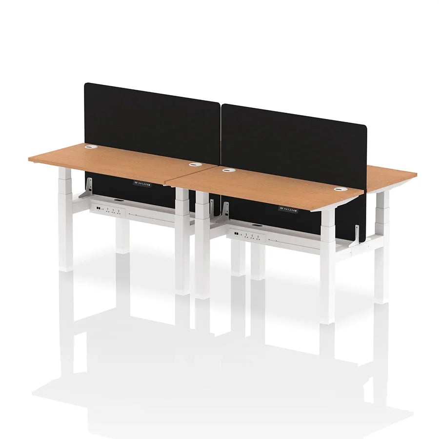 Air Back-to-Back Slimline Height Adjustable Bench Desk - 4 Person with cable ports and black straight screen W1200mm oak top with white frame