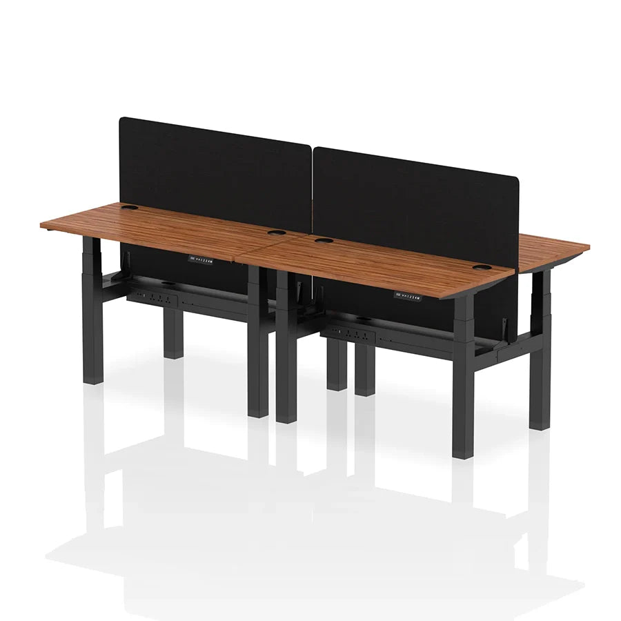 Air Back-to-Back Slimline Height Adjustable Bench Desk - 4 Person with cable ports and black straight screen W1200mm walnut top with black frame