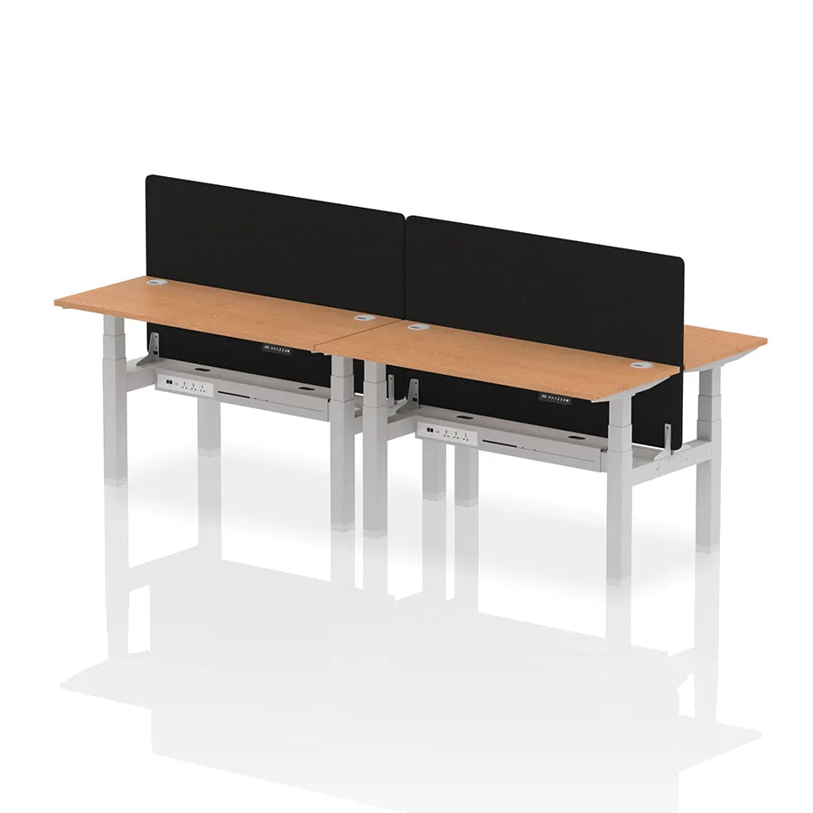 Air Back-to-Back Slimline Height Adjustable Bench Desk - 4 Person with cable ports and black straight screen W1400mm oak top with silver frame