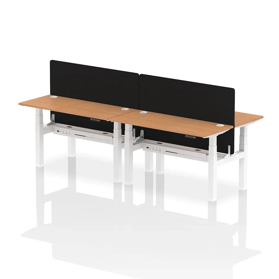 Air Back-to-Back Slimline Height Adjustable Bench Desk - 4 Person with cable ports and black straight screen W1400mm oak top with white frame