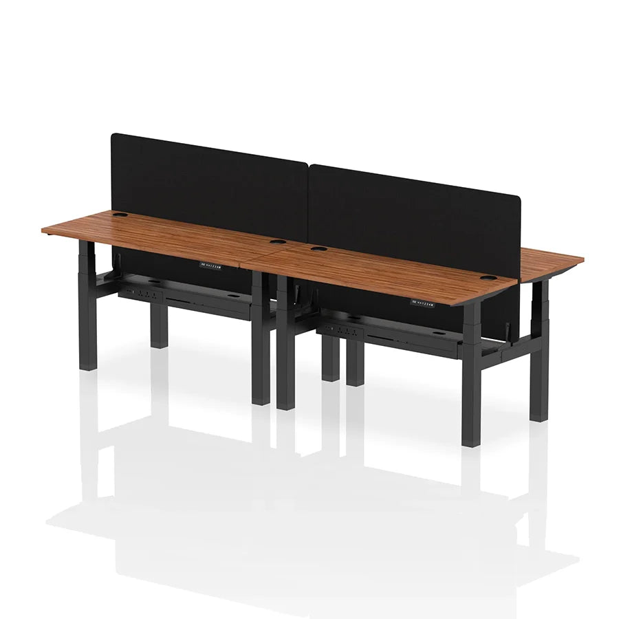 Air Back-to-Back Slimline Height Adjustable Bench Desk - 4 Person with cable ports and black straight screen W1400mm walnut top with black frame