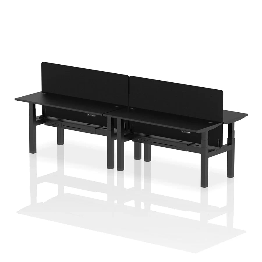 Air Back-to-Back Slimline Height Adjustable Bench Desk - 4 Person with cable ports and black straight screen W1600mm black top with black frame