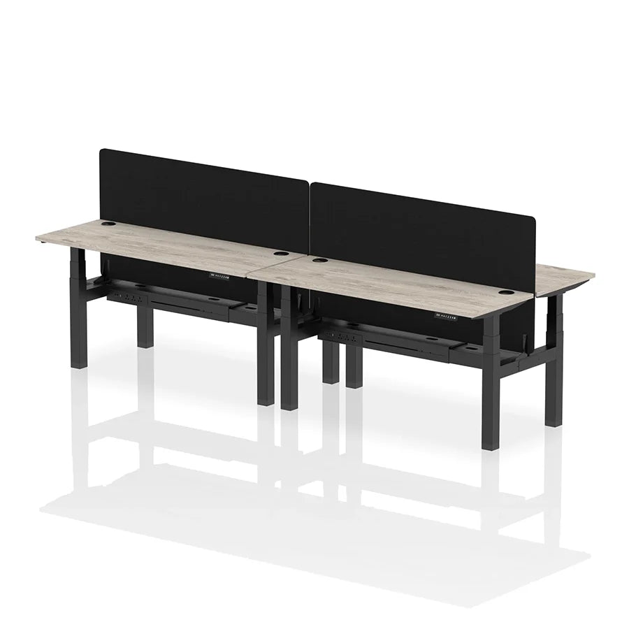 Air Back-to-Back Slimline Height Adjustable Bench Desk - 4 Person with cable ports and black straight screen W1600mm grey oak top with black frame