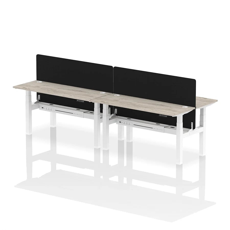 Air Back-to-Back Slimline Height Adjustable Bench Desk - 4 Person with cable ports and black straight screen W1600mm grey oak top with white frame