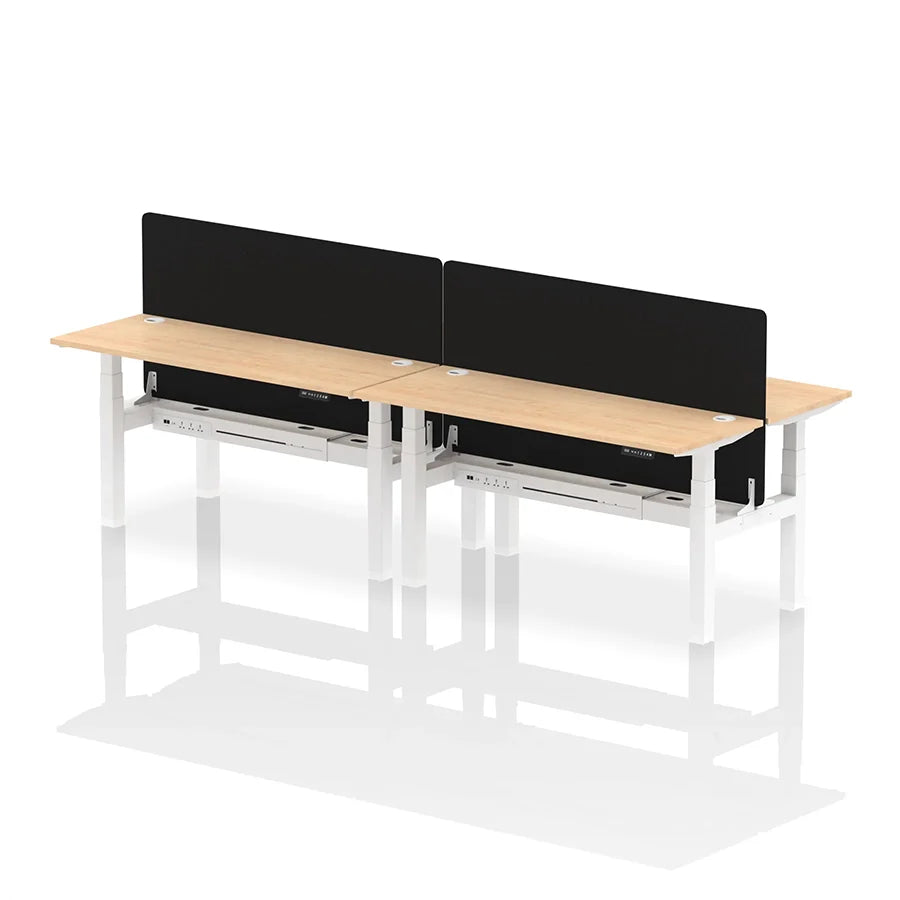 Air Back-to-Back Slimline Height Adjustable Bench Desk - 4 Person with cable ports and black straight screen W1600mm maple top with white frame