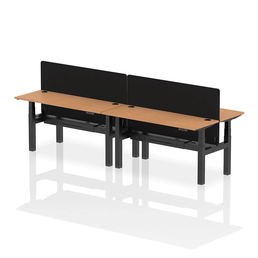Air Back-to-Back Slimline Height Adjustable Bench Desk - 4 Person with cable ports and black straight screen W1600mm oak top with black frame