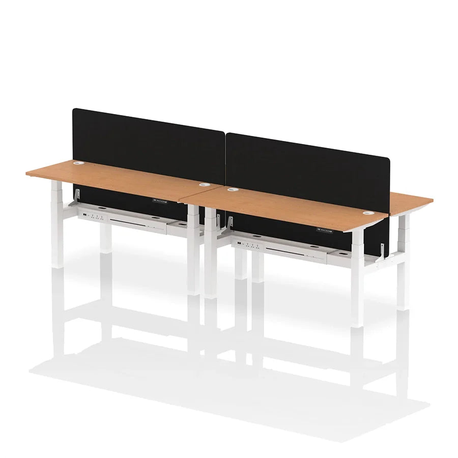 Air Back-to-Back Slimline Height Adjustable Bench Desk - 4 Person with cable ports and black straight screen W1600mm oak top with white frame