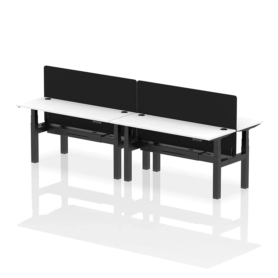 Air Back-to-Back Slimline Height Adjustable Bench Desk - 4 Person with cable ports and black straight screen W1600mm white top with black frame