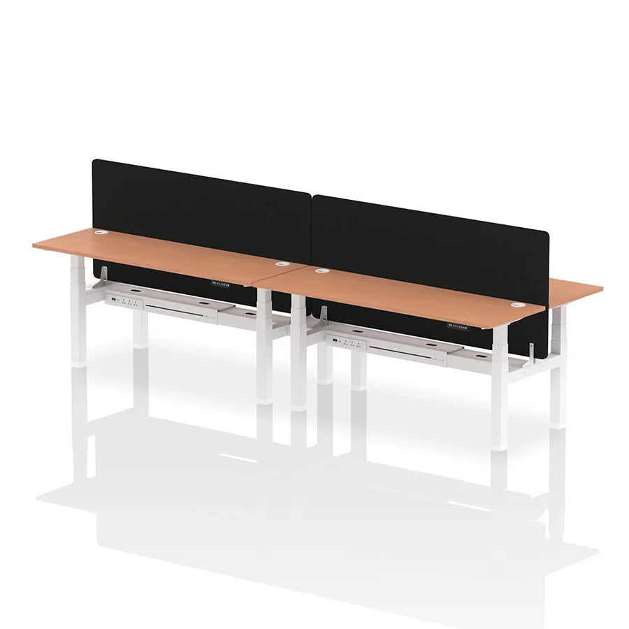 Air Back-to-Back Slimline Height Adjustable Bench Desk - 4 Person with cable ports and black straight screen W1800mm beech top with white frame