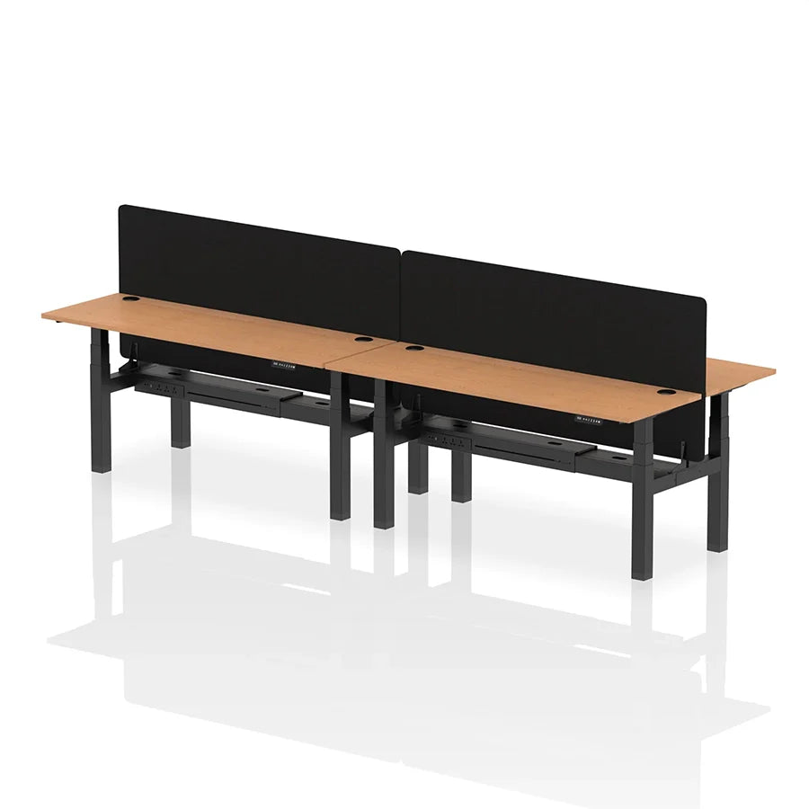Air Back-to-Back Slimline Height Adjustable Bench Desk - 4 Person with cable ports and black straight screen W1800mm oak top with black frame