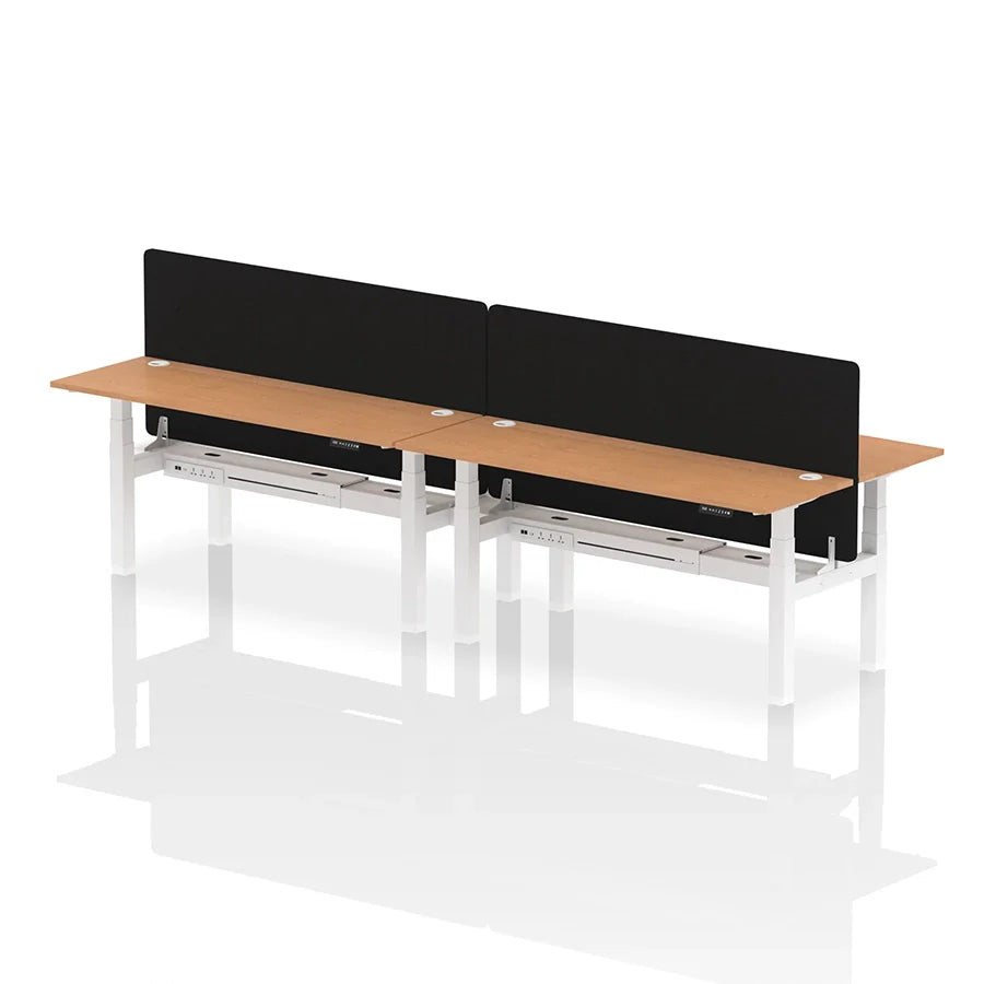 Air Back-to-Back Slimline Height Adjustable Bench Desk - 4 Person with cable ports and black straight screen W1800mm oak top with white frame
