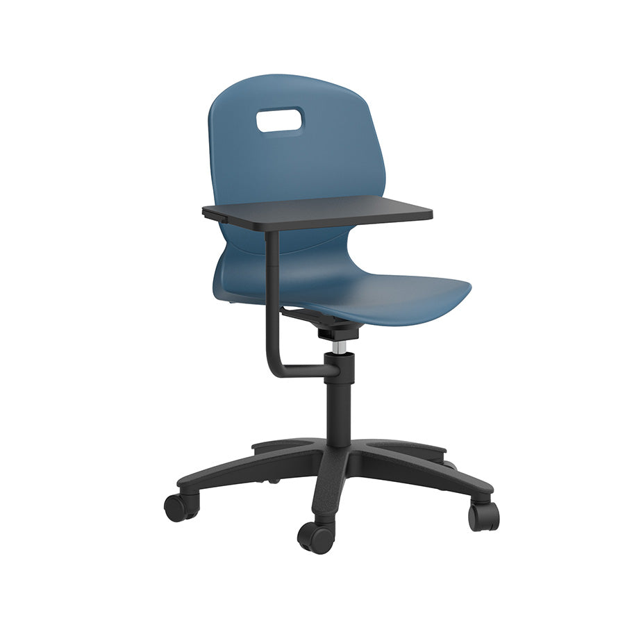 Arc Swivel Chair Steel Blue with tablet front side view