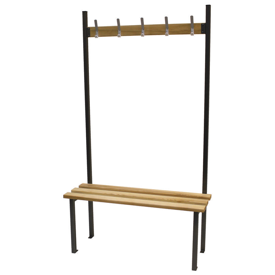 Classic Solo Bench Floor Single Sided Fixed Cloakroom bench Black with Wood Top and 5 Hooks W1000xD390xH1750mm