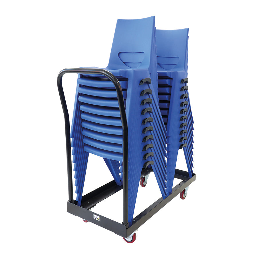 En One Chair One Piece Poly Royal Blue Stacked with linking clips on En One Chair Trolley