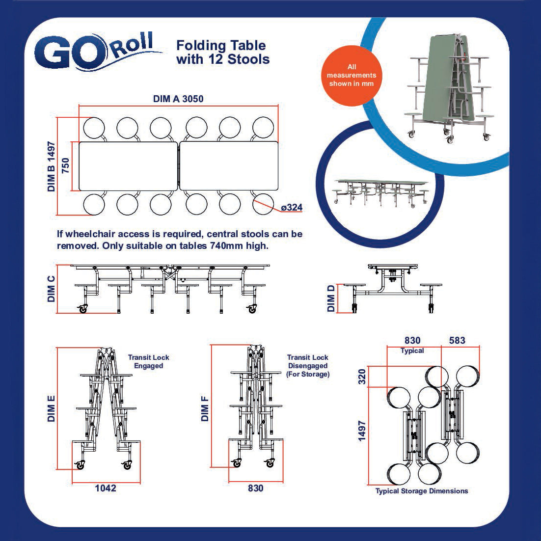 GoRoll Folding Table 10ft with 12 Stools
