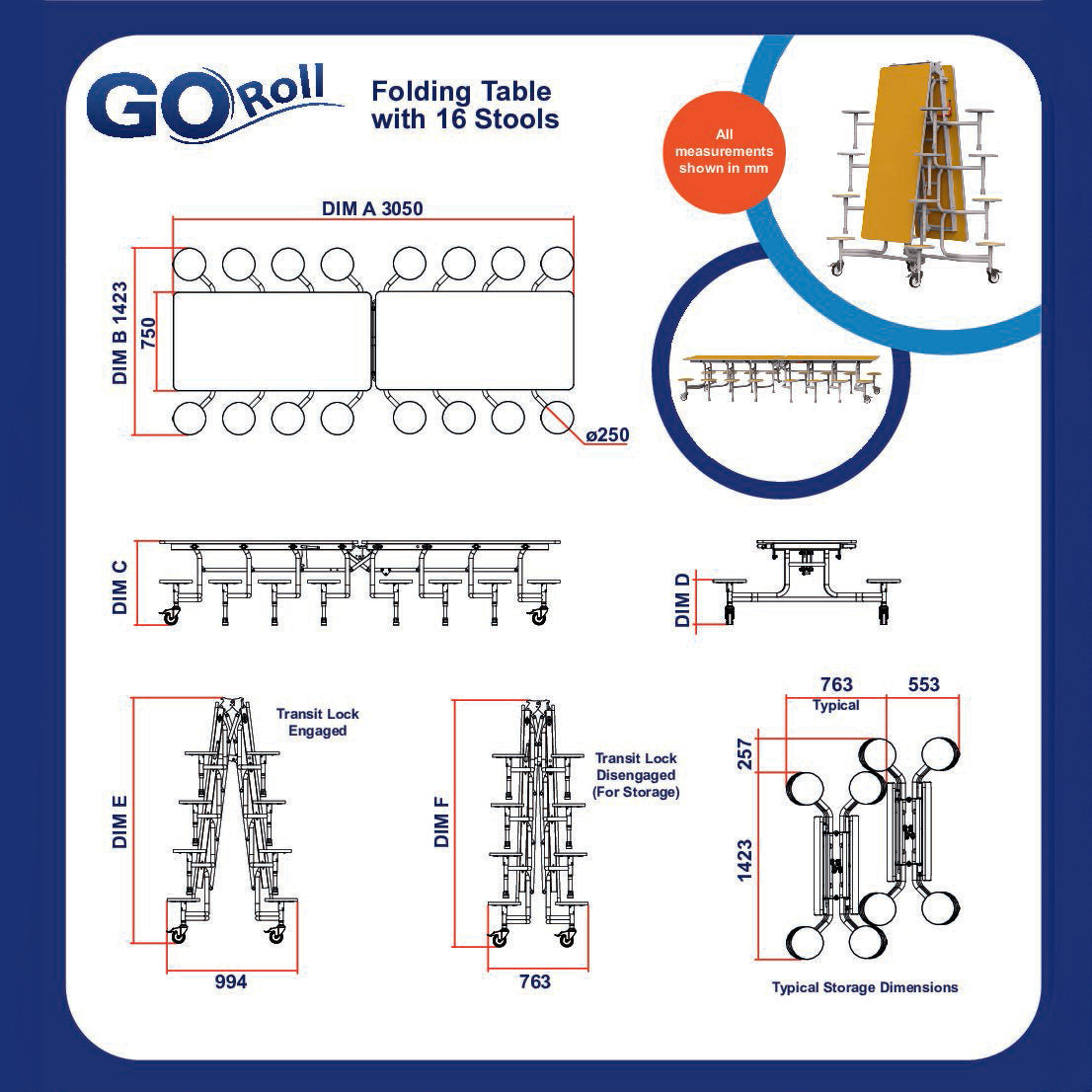 GoRoll Folding Table 10ft with 16 Stools 640mm high (Early years)