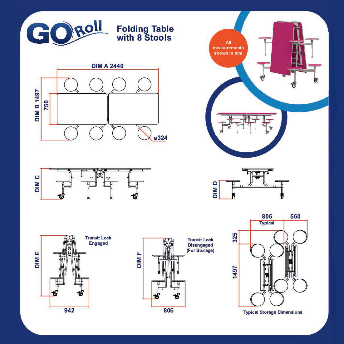 GoRoll Folding Table 8ft with 8 Stools