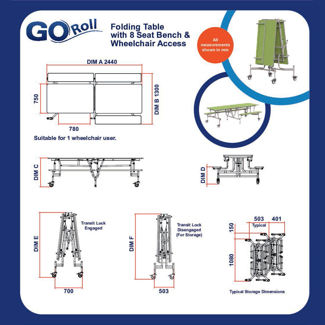 GoRoll Folding Table 8ft with Benches
