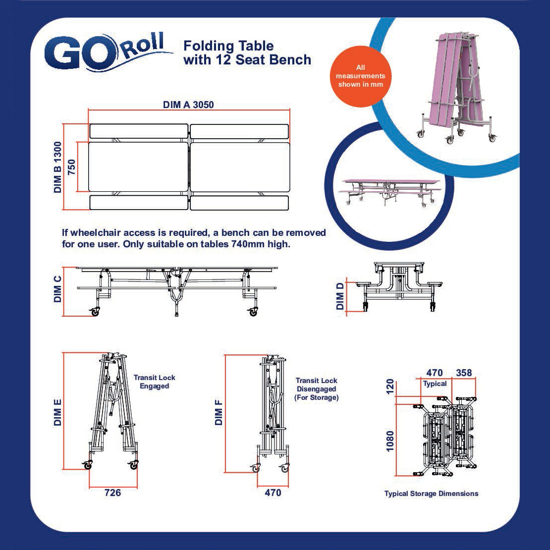 GoRoll Folding Table 10ft with Benches