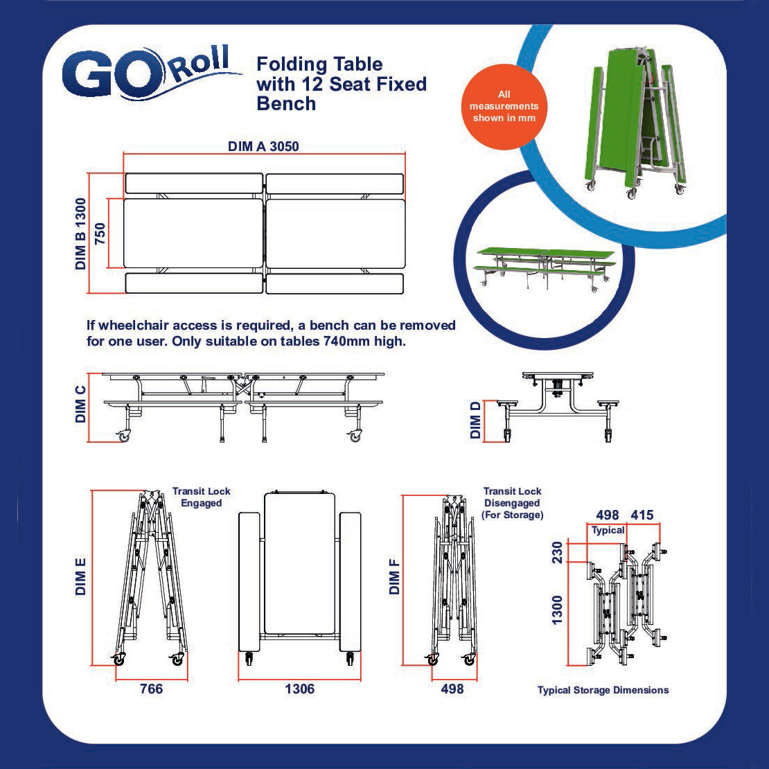 GoRoll Folding Table 10ft with Fixed Benches