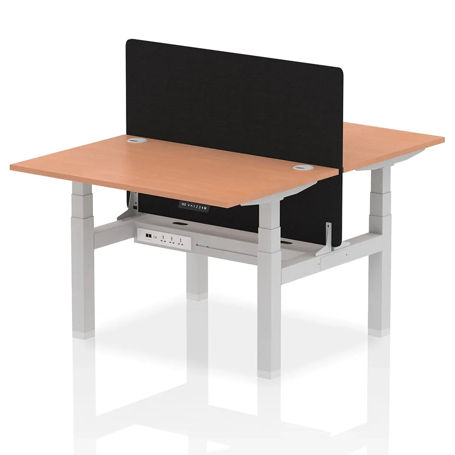 Air Back-to-Back Height Adjustable Bench Desk - 2 Person with Black Straight Screen W1200mm beech top and silver frame