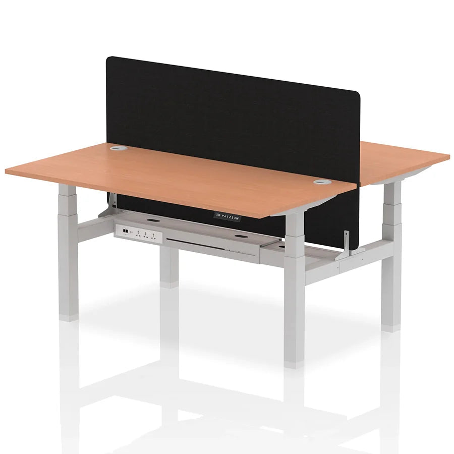 Air Back-to-Back Height Adjustable Bench Desk - 2 Person with Black Straight Screen W1600mm beech top and silver frame