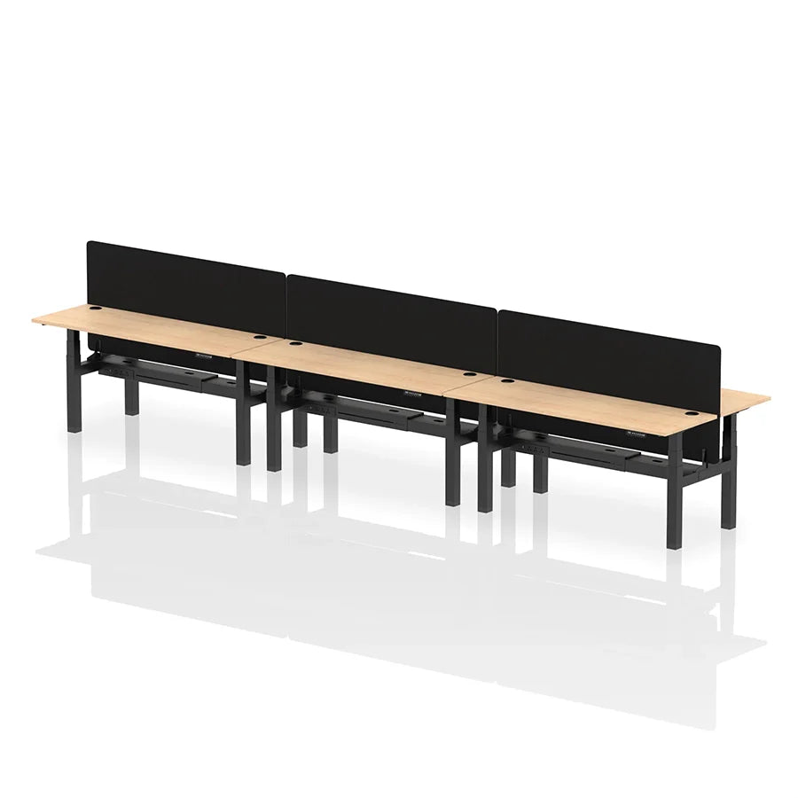 Air Back-to-Back Height Adjustable Bench Desk - 6 Person with cable ports and black straight screen W1800mm maple top with black frame