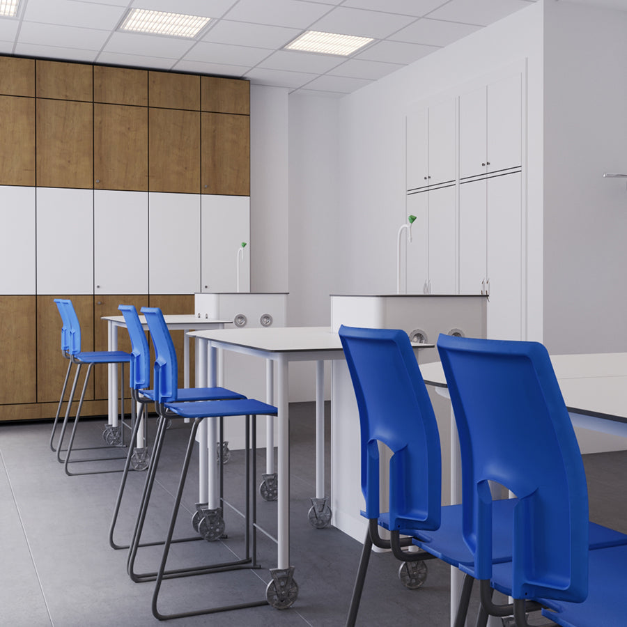 Hille SE Stool with Back Pacific Blue Seat and Back with Dark Grey Classroom Scene SS30125