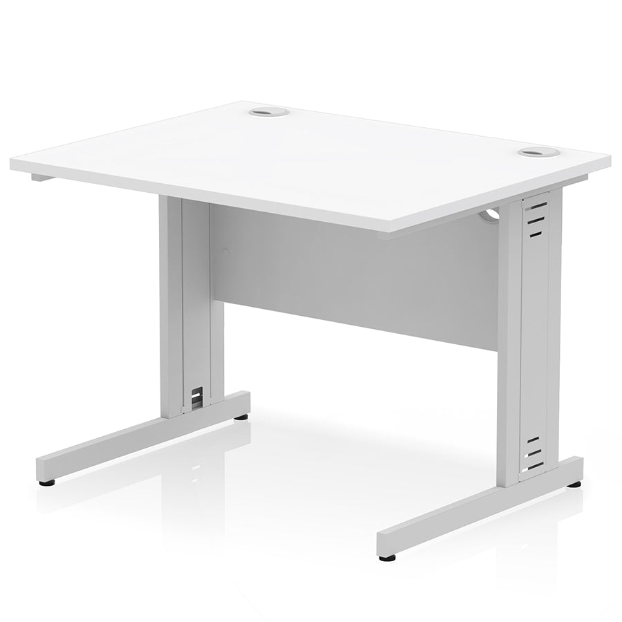 Impulse 1000mm Straight Desk Cable Managed Leg White Top with Silver Frame