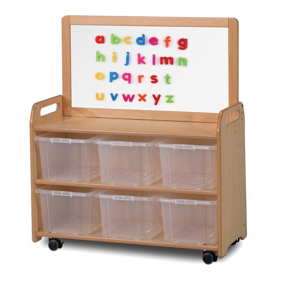 Mobile Tall Unit With Top Magnetic Whiteboard Add On 6 Clear Tubs or Baskets