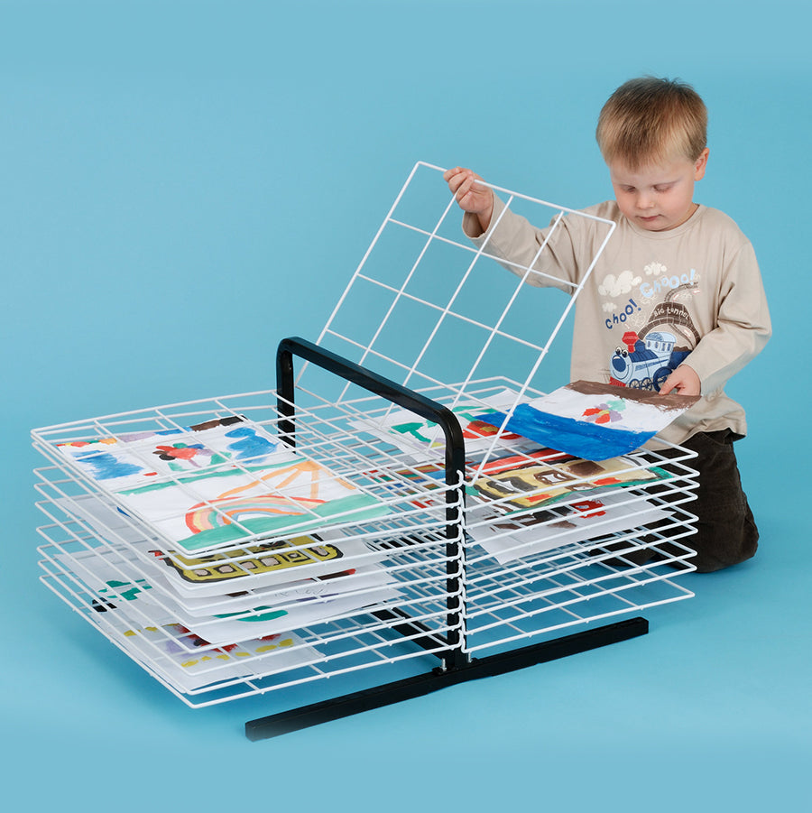 MD30130 Table Top Art Drying Rack 20 Shelf with boy on blue background