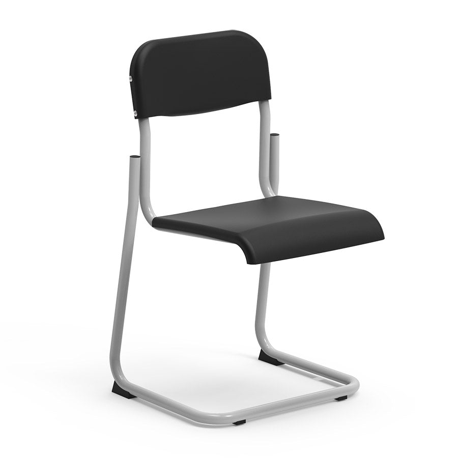 Mais Cantilever Chair. Black office chair with a silver frame on a white background