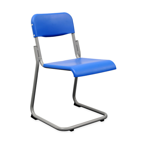 Mais Cantilever Chair Blue. Blue chair with a metal frame on a white background