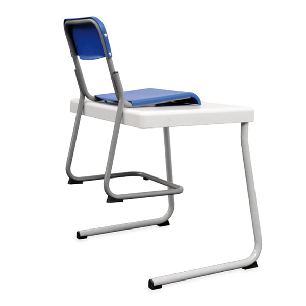Mais Cantilever Chair Storage Option. White desk with a blue chair on a white background