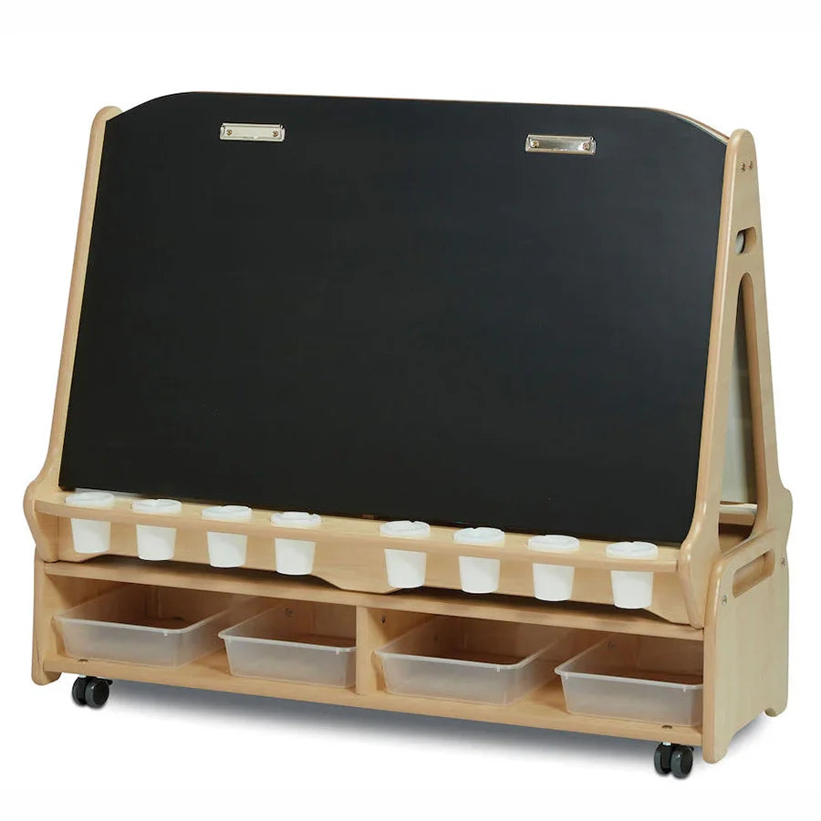 Double-sided 4 Station Easel with Low Storage Trolley (Chalkboard/Whiteboard)