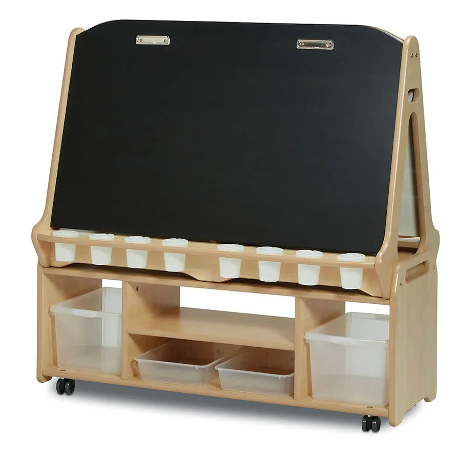 Double-sided 4 Station Easel with Tall Storage Trolley (Chalkboard/Whiteboard)