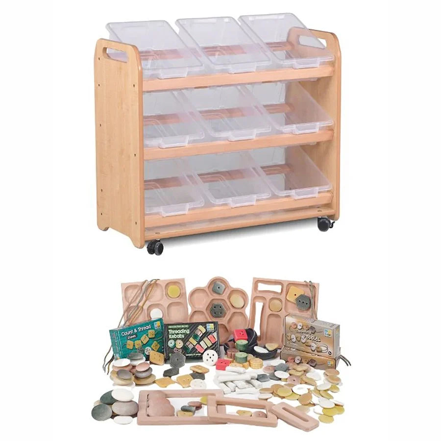 Tilt Tote Storage with 9 Clear Tubs or Baskets plus Loose Parts Kit