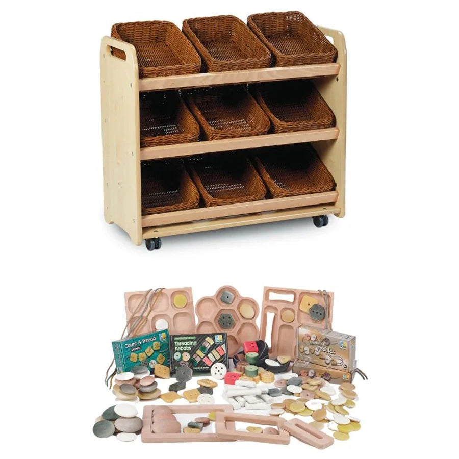 Tilt Tote Storage with 9 Clear Tubs or Baskets plus Loose Parts Kit