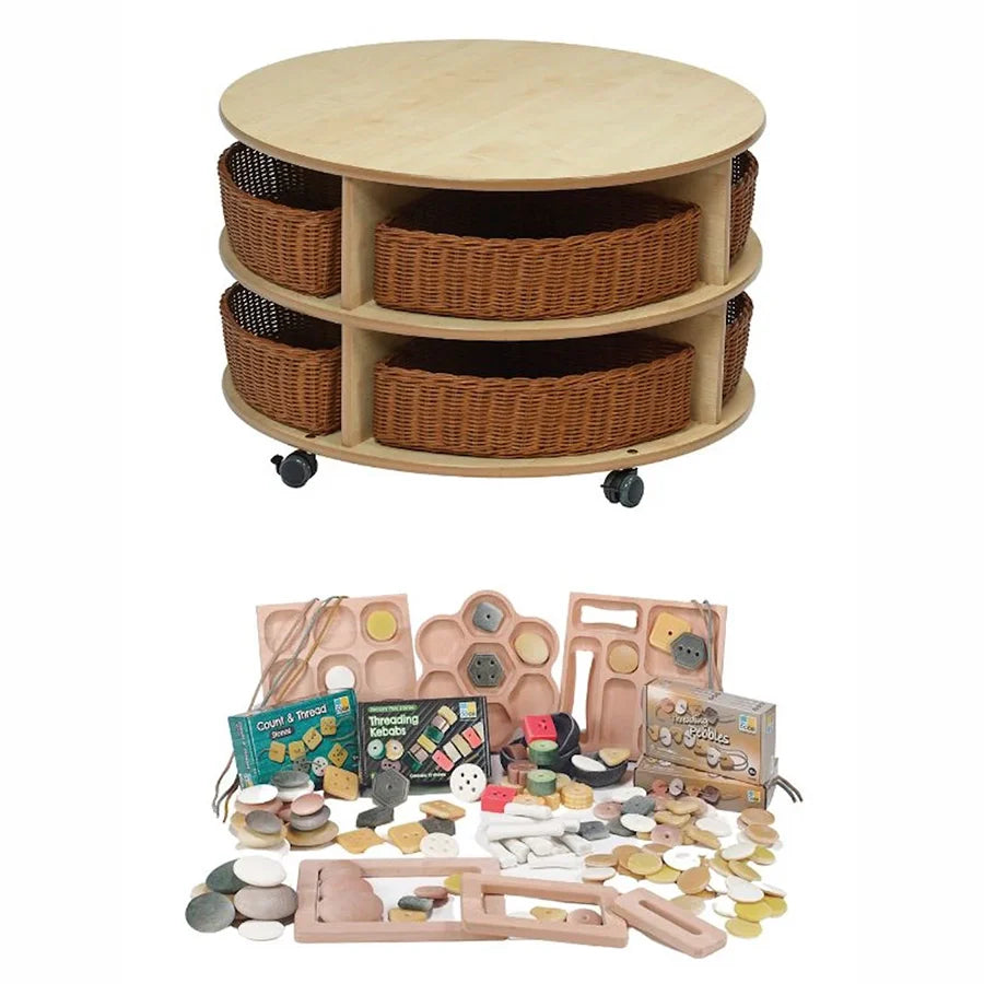 Double Tier Mobile Circular Storage Unit With 8 Clear Tubs or Baskets