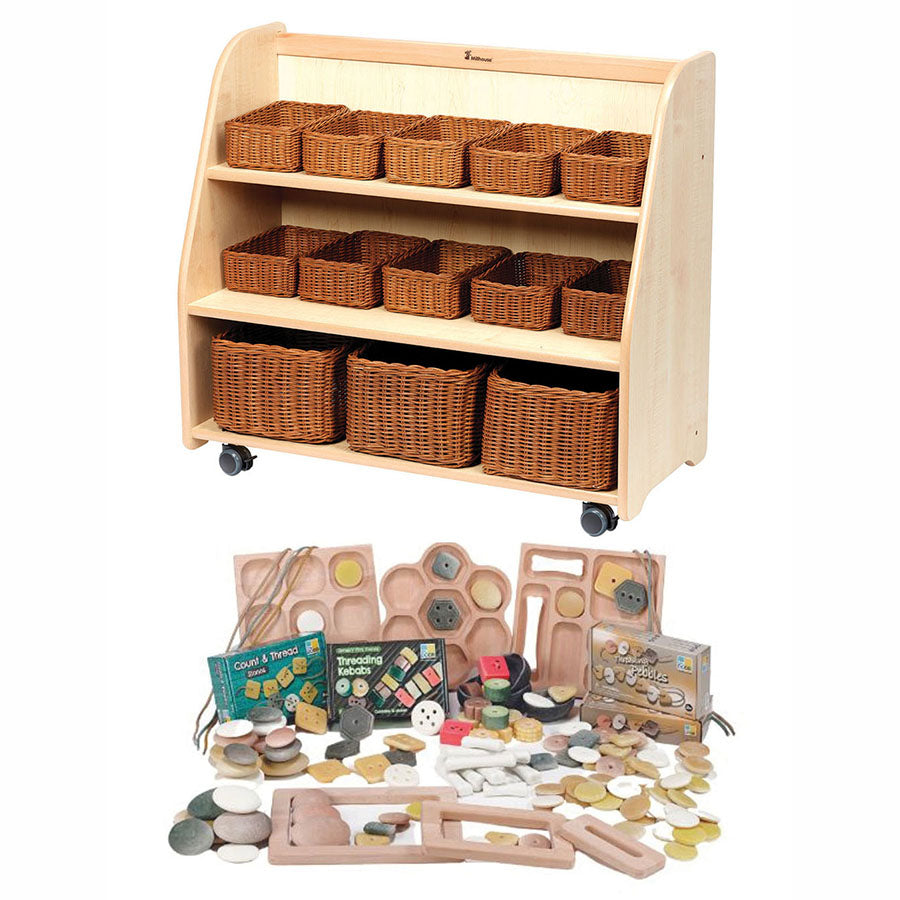 Mobile Tiered Shelf Unit with Mirror Back With Baskets