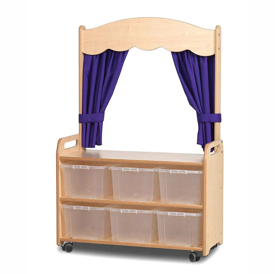 Mobile Tall Unit with Theatre Add-On with Curtains and Clear Tubs or Baskets