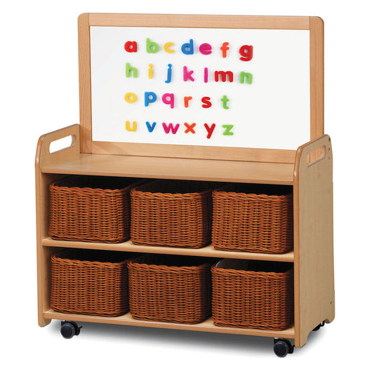 Mobile Tall Unit With Top Magnetic Whiteboard Add On 6 Clear Tubs or Baskets