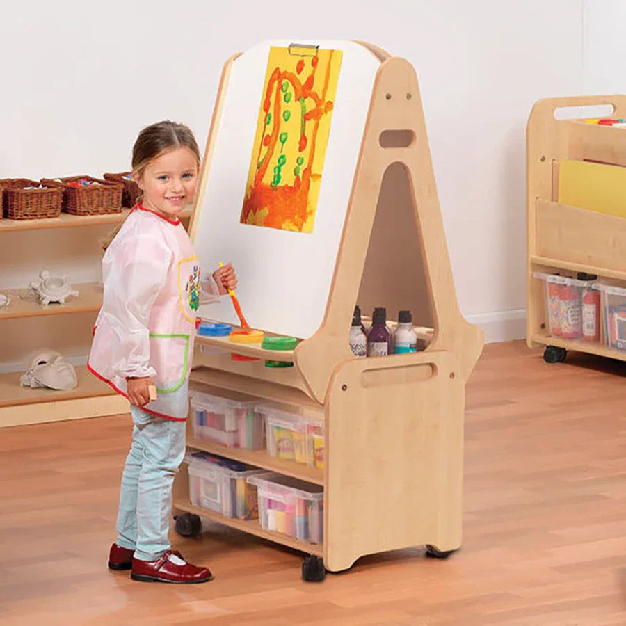 Double-Sided 2 Station Easel with Tall Storage Trolley (Chalkboard/Whiteboard)