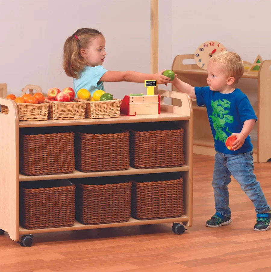 Mobile Shelf Unit with Display/Mirror Back 6 Clear Tubs or Baskets